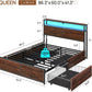 Queen Bed Frame with 4 Storage Drawers, Charging Station and LED Lights, Metal Platform Bed with 2-Tier Storage Headboard, No Box Spring Needed, Easy Assembly, Noise-Free, Walnut