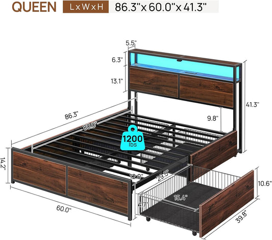 Queen Bed Frame with 4 Storage Drawers, Charging Station and LED Lights, Metal Platform Bed with 2-Tier Storage Headboard, No Box Spring Needed, Easy Assembly, Noise-Free, Walnut