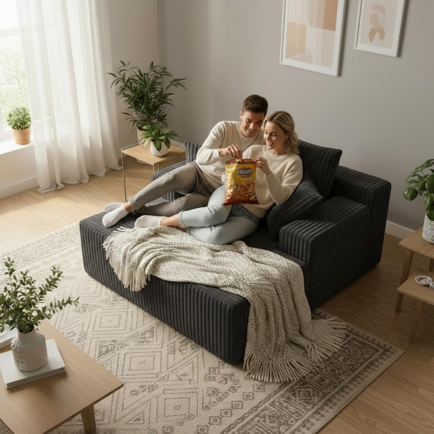 Chaise Lounge with Armrests, Oversized Sofa Bed with 3 Pillows, Cozy Boneless Couch, Sleeper Reading Chair for Living Room Bedroom, Floor Sofa Corduroy, Furniture Sala, Volcanic Ash