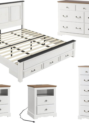 5-Piece Farmhouse Bedroom Set: King Size Bed Frame with 52.2" Headboard, 7-Drawer Dresser, 6-Drawer Tall Dresser, and Two Nightstands with Charging Station in White