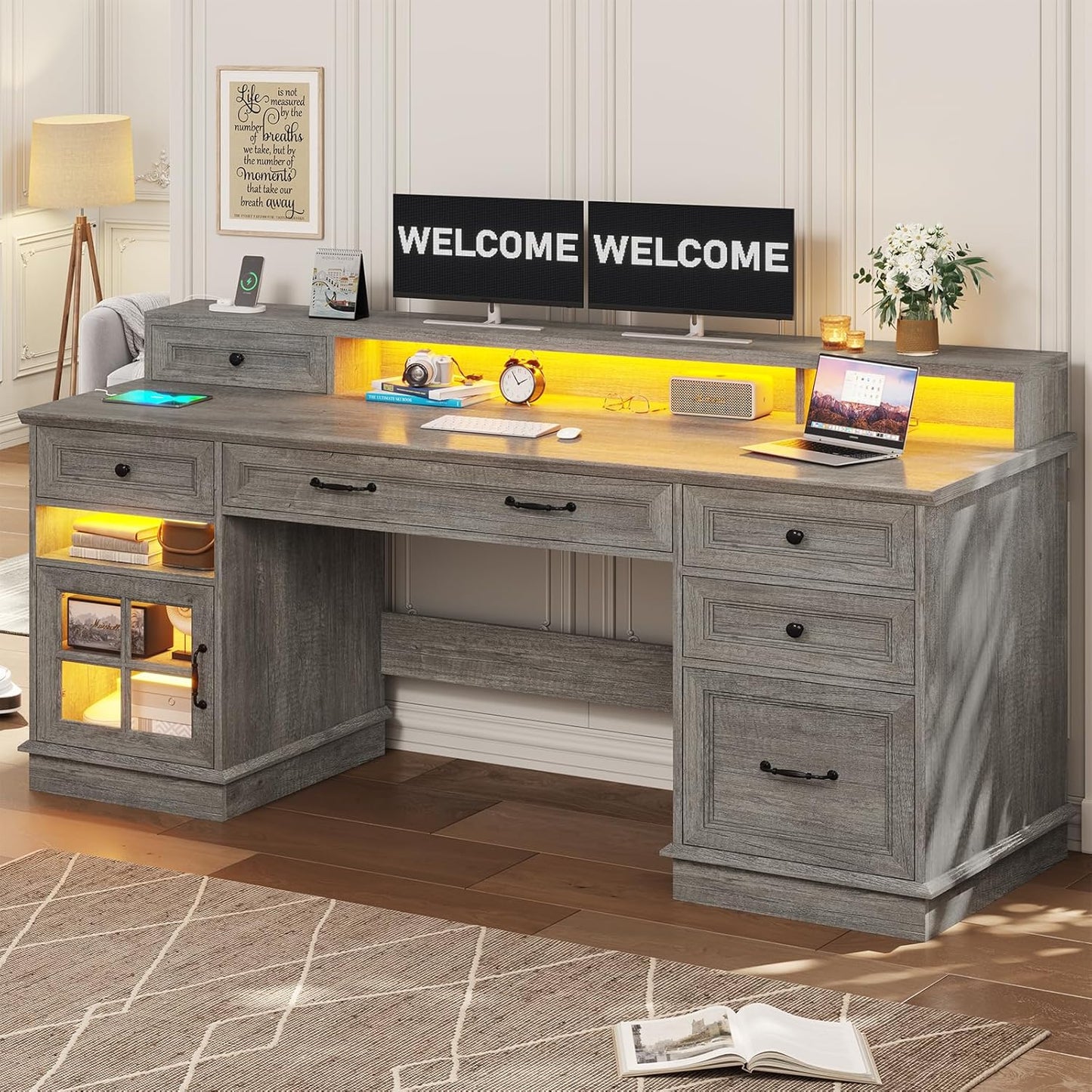 Farmhouse Executive Desk with File Drawer, Computer Desk with Charging Station & LED Lights, Home Office Desk with Drawers & Storage Cabinet, Executive Office Desk with Monitor Stand, Grey