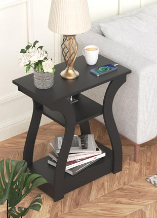Black End Table Set of Two with Integrated Charging Station, USB Ports, and Outlets, 3-Tier Nightstand with Storage Shelf for Living Room and Bedroom