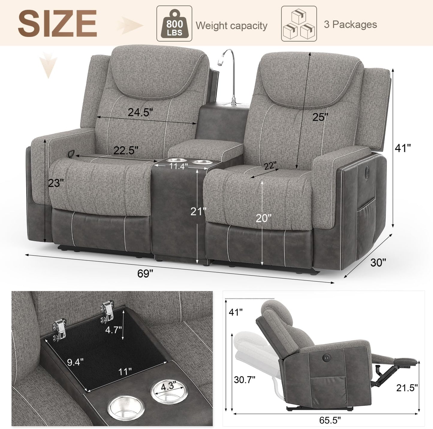 Loveseat Recliner Sofa, Manual Reclining Loveseat with Reading Light, Chic Blend Style Sofa, Storage Console, Cup Holders, USB Ports, Fabric & PU Leather, Recliner Couch for Living Room/Rv
