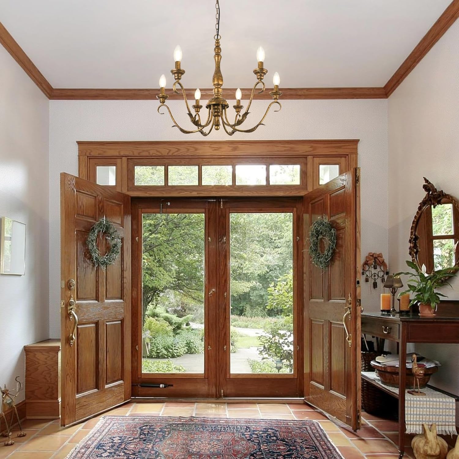 6-Light Farmhouse Chandelier, 23.62'' Vintage Brass Gold Chandeliers for Dining Room, Adjustable Rustic Metal Hanging Pendant Light Fixture for Kitchen Island Entryway Foyer Bedroom Hallway