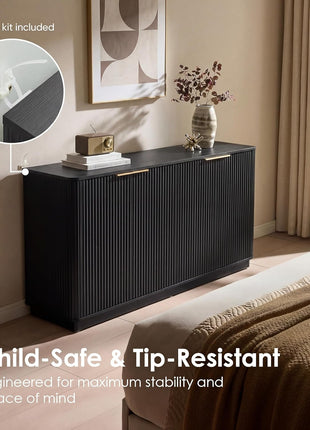 63-Inch Modern Fluted Sideboard Buffet Cabinet with Storage, 31.6-Inch Height Wood Media Console and Coffee Bar Table for Living Room, Kitchen, and Dining Room in Black
