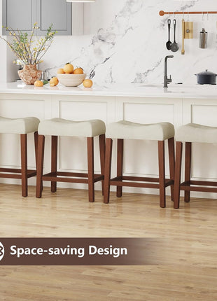 Set of 2 Upholstered 24" Counter Height Saddle Bar Stools with Footrest and Wooden Legs, Farmhouse Button-Tufted Backless Design for Kitchen Island, Dining Room, and Café in Beige and Brown