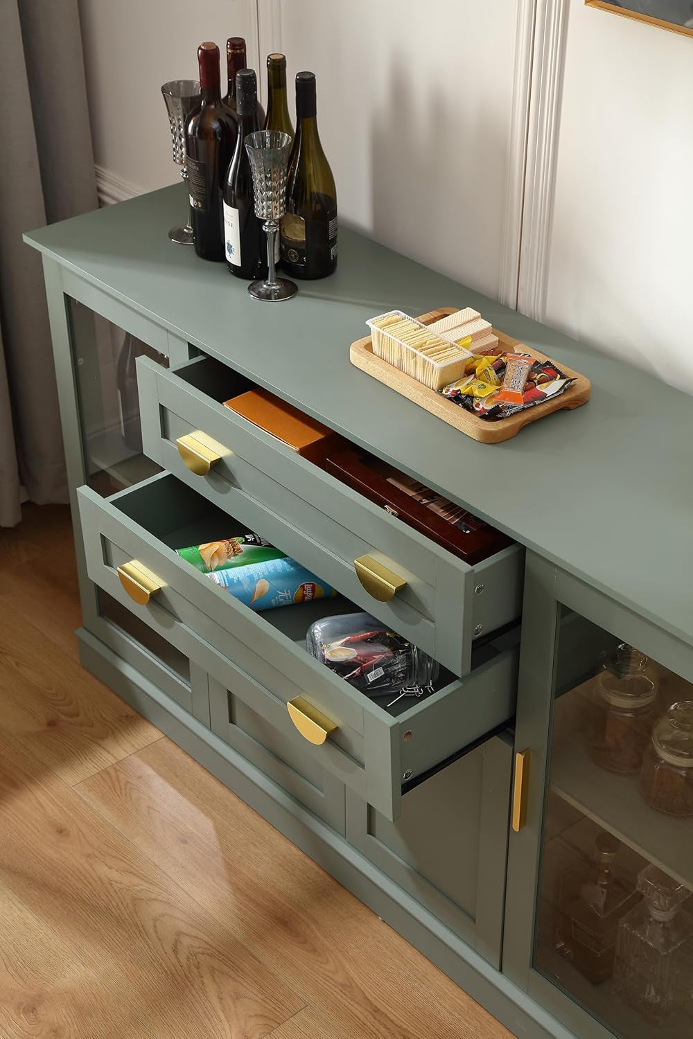 58.27'' Buffet Cabinet with 2 Drawers and Adjustable Shelves,Large Glass Door Coffee Bar Cabinet,Modern Farmhouse Sideboard Credenza for Kitchen,Green