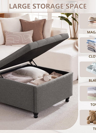 30-Inch Large Square Upholstered Storage Ottoman Coffee Table in Dark Grey Fabric for Living Room