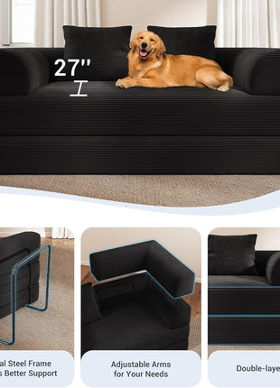 4-in-1 Convertible Sofa Bed - Luxurious 70" Boneless Sleeper Couch in Black Corduroy for Living Room and Bedroom