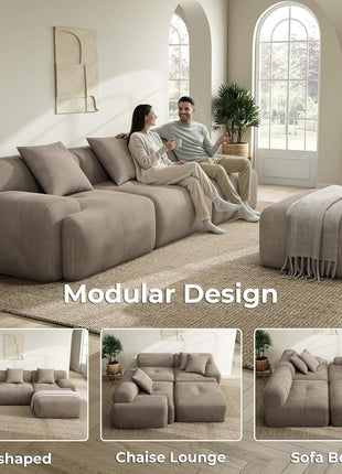 118" Lumicord Modular Sectional Sofa with Ottoman - Ready to Use in Elegant Light Brown Corduroy for Your Living Room