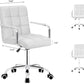 Desk Modern Office Chair with Wheels Vanity Chair PU Leather Mid-Back Rolling Cute for Office, Teen, and Bedroom Desks (White)