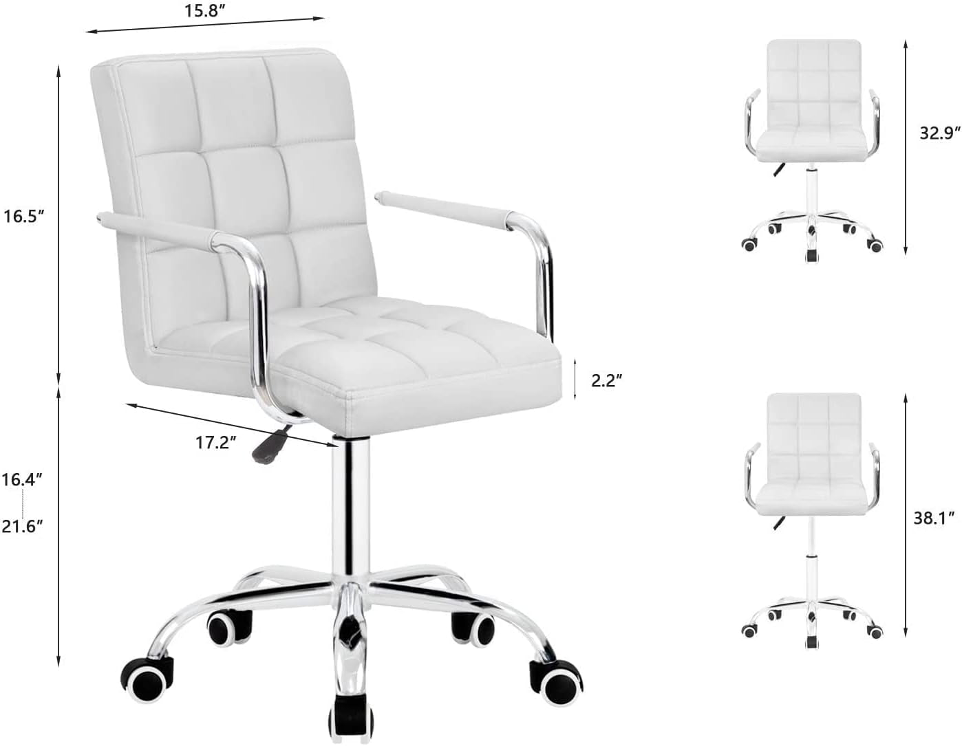 Desk Modern Office Chair with Wheels Vanity Chair PU Leather Mid-Back Rolling Cute for Office, Teen, and Bedroom Desks (White)