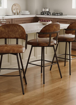 Set of 2 Contemporary 26-Inch Swivel Counter Height Bar Stools with Backs and Metal Legs, Upholstered in Faux Leather for Kitchen Island and Dining Room