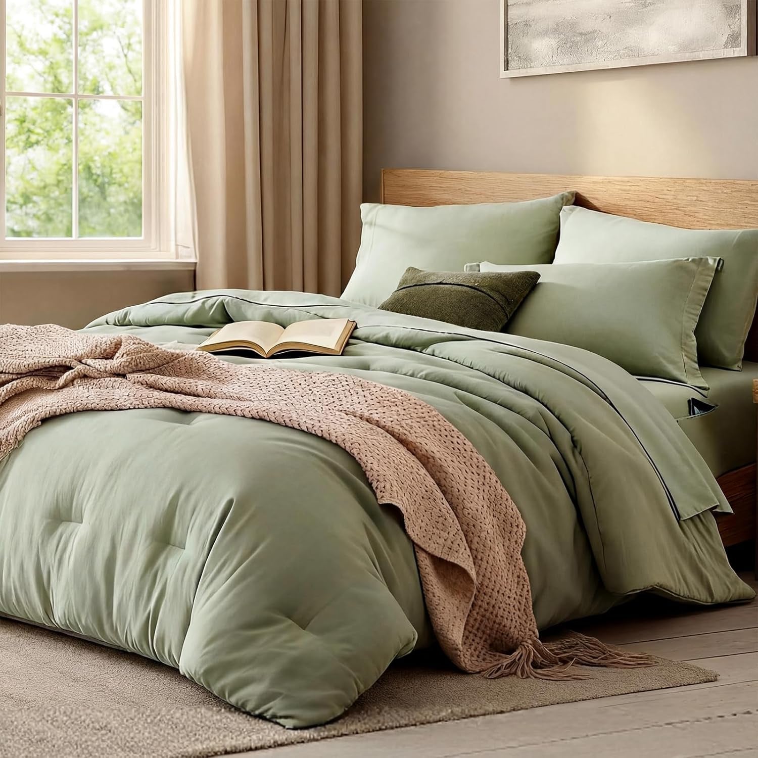 Queen Comforter Set - 7 Pieces Sage Green Soft Bed in a Bag Queen with Fitted Sheet, Flat Sheet, 2 Pillow Shams, and 2 Pillowcases- Warm Bedding Sets Queen for All Season
