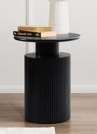 Luxenhome 21-Inch Fluted Black Round Side Table - Contemporary Accent End Table for Living Room, Bedroom, and Nightstand Applications