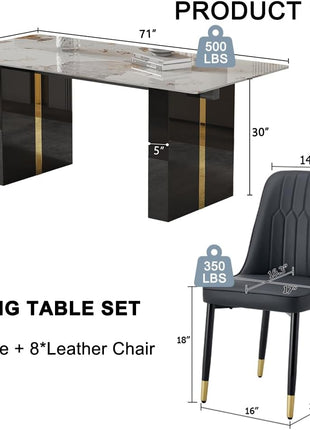 71-Inch Dining Table Set for Eight with Faux Marble Surface and PU Leather Seating for Kitchen, Dining Room, Bar, and Living Room