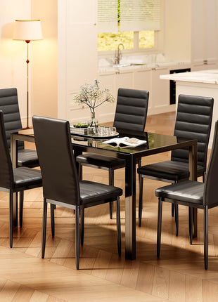 7-Piece Contemporary Dining Table Set for Six with Tempered Glass Top in Black - Perfect for Home, Kitchen, Living Room, and Dining Room