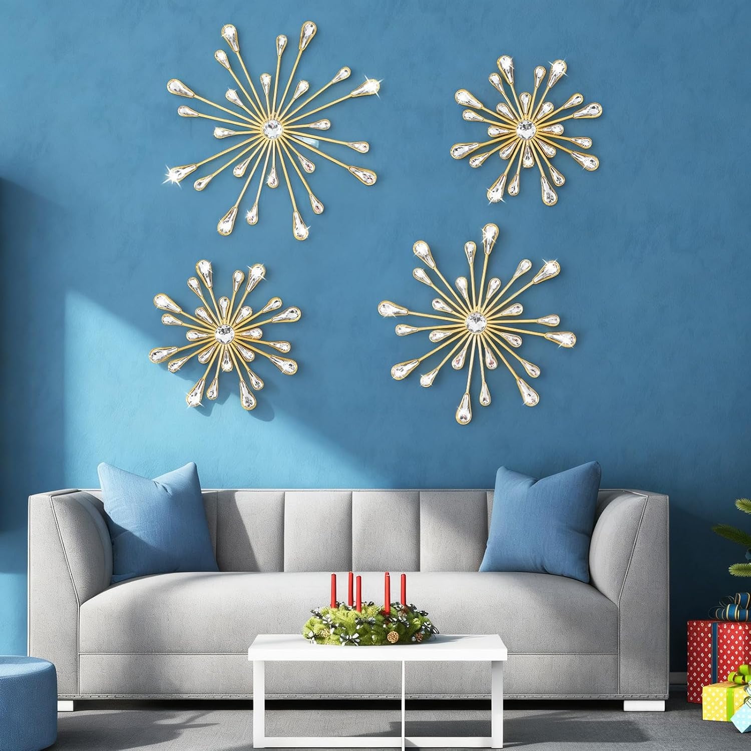 4Pcs Gold Metal Jeweled Wall Art, Starburst Wall Decor, Bling Crystal Home Décor, Star Sun Rhinestone Hanging, Diamond Accents Home Decorative for Living Room, Bedroom, Entryway