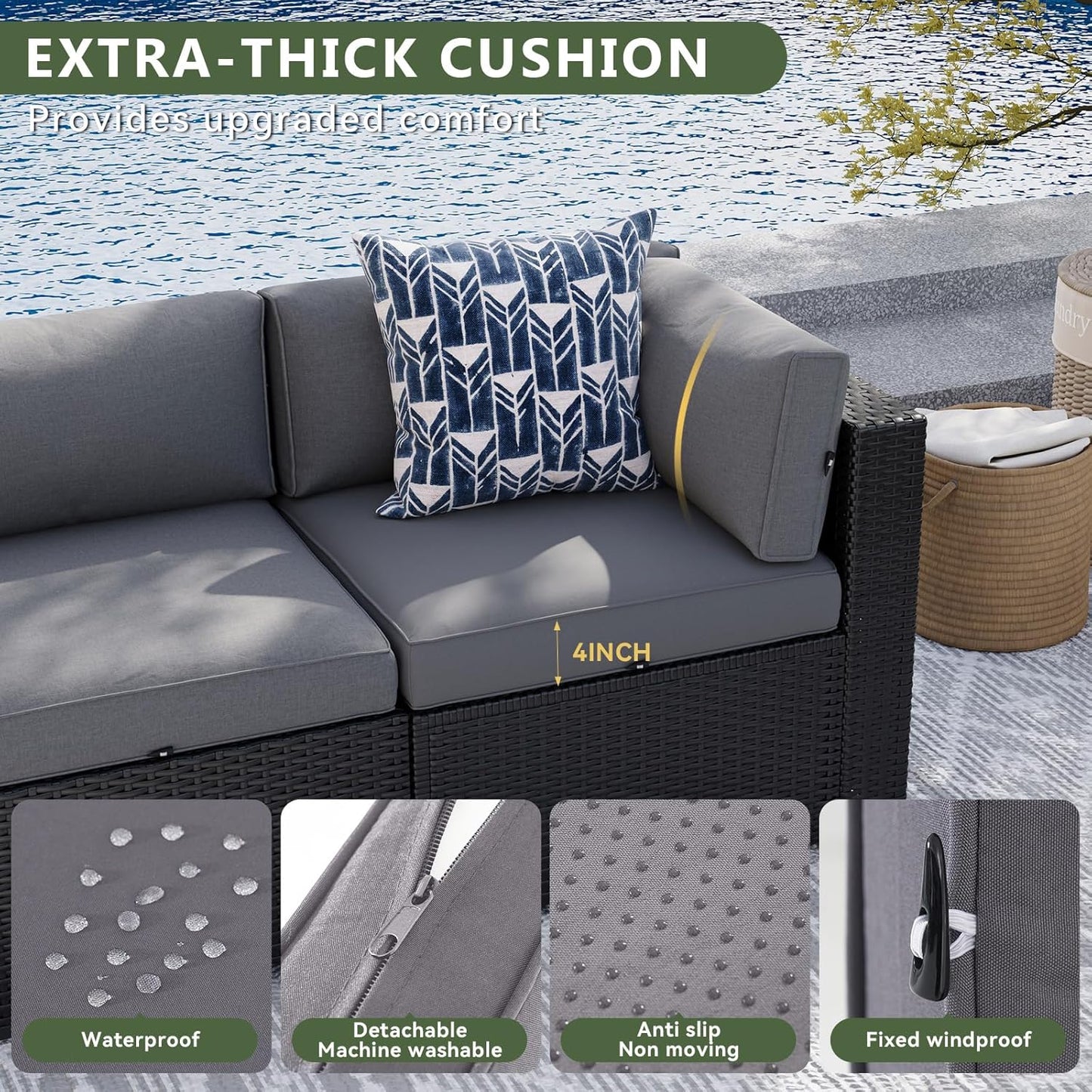 8 Piece Patio Furniture Set with 44” Fire Pit Table Wicker Rattan Patio Sectional Sofa Set Outdoor Seating Furniture with Thickened Cushion, Grey
