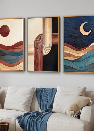 Bohemian Mid-Century Modern Framed Canvas Wall Art - Geometric Abstract Sun and Moon Design in Beige and Black for Living Spaces - 16" x 24" x 3