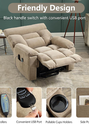 Dual Motor Power Lift Recliner Chair for Seniors – Extra Wide 27" Seat, 450 lbs Capacity, Infinite Position Adjustment, Heated Massage, Cup Holders, and USB Port in Camel Fabric
