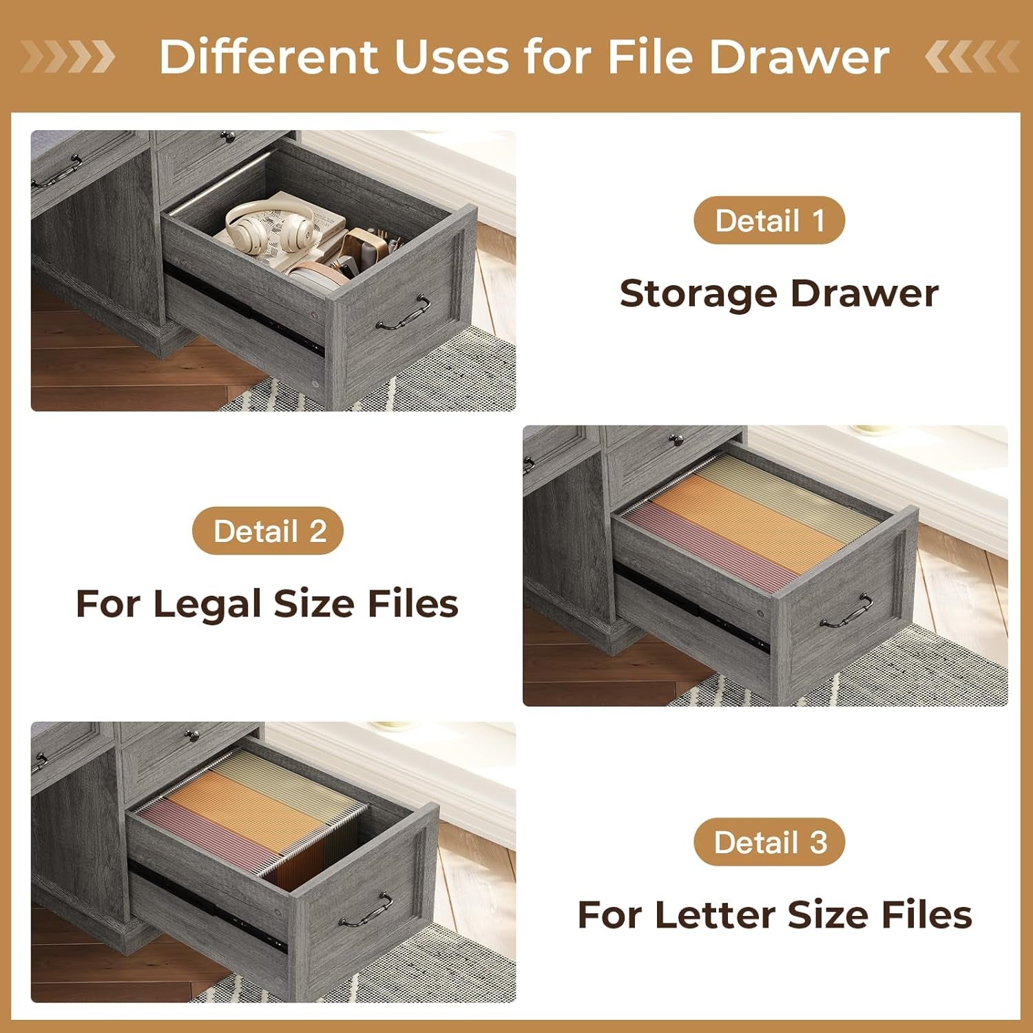 Farmhouse Executive Desk with File Drawer, Computer Desk with Charging Station & LED Lights, Home Office Desk with Drawers & Storage Cabinet, Executive Office Desk with Monitor Stand, Grey