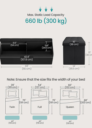 MAZIE Collection 43-Inch Synthetic Leather Folding Storage Ottoman Bench, 660 lb Weight Capacity, Black