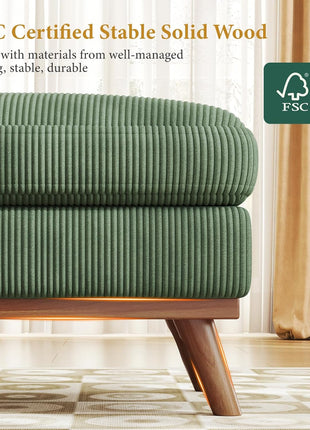 Large Rectangular Corduroy Ottoman with Spring Cushion, 29.5" Pouf Footrest for Living Room and Bedroom, Green Upholstery with Wooden Legs