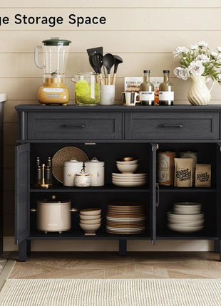 48-Inch Farmhouse Buffet Cabinet with Storage, Featuring 2 Drawers and 3 Doors, Wood Coffee Bar Cabinet with Adjustable Shelves for Kitchen and Living Room, Black Finish