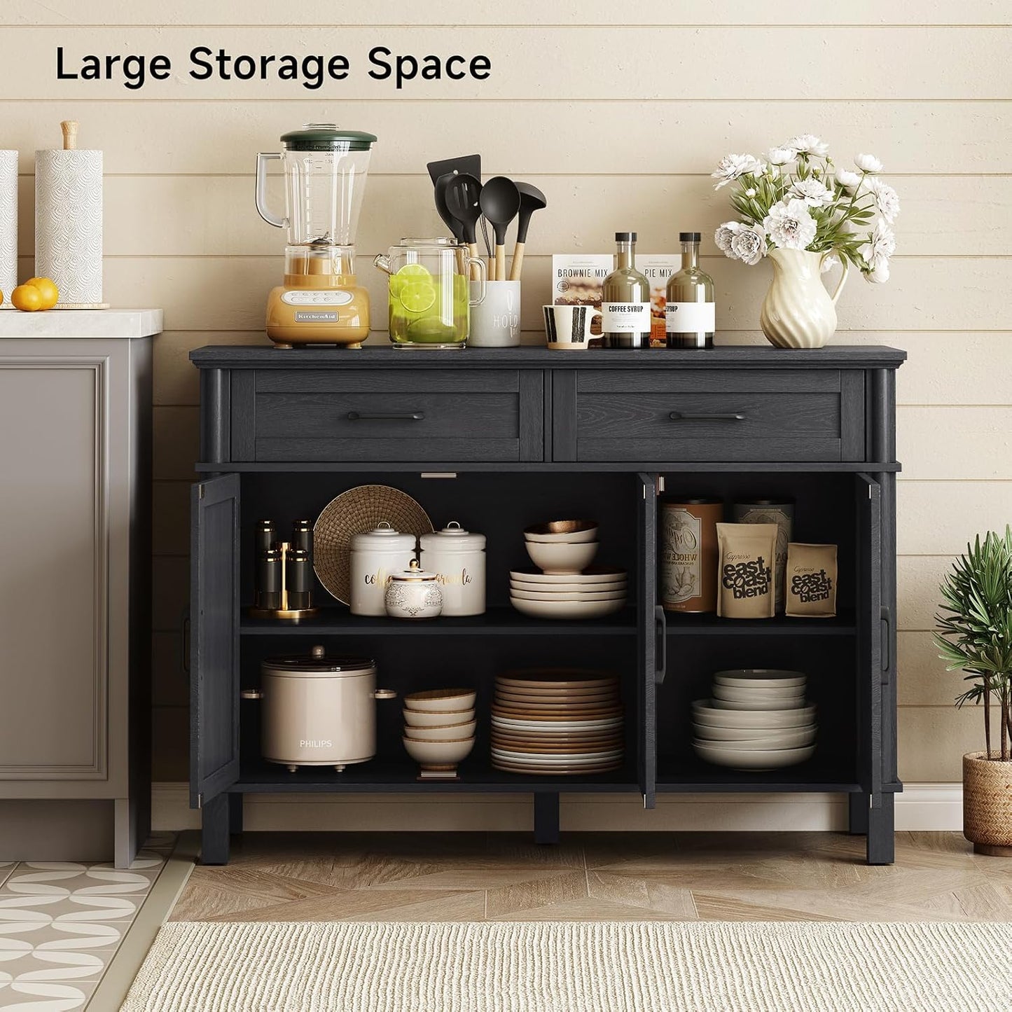 48 Inches Buffet Cabinet with Storage, Farmhouse Sideboard Buffet W/2 Drawers and 3 Doors, Wood Coffee Bar Cabinet with Adjustable Shelves, Sideboard Storage for Kitchen, Living Room, Black