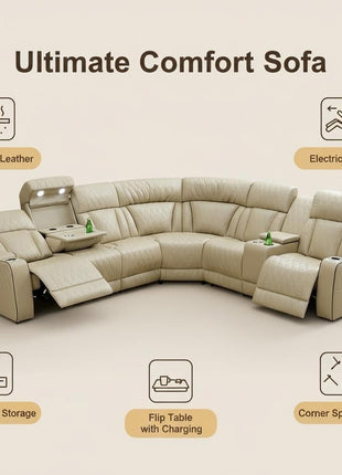 Luxury Leather Power Reclining Sectional Sofa Set with LED Lighting, USB Ports, and Storage Solutions for Modern Living Rooms and Home Theaters