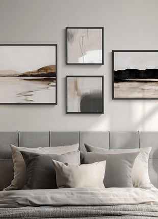 Framed Neutral Abstract Wall Art Set - 4-Piece Modern Landscape Canvas Prints for Home and Office Decor in Black and Gray