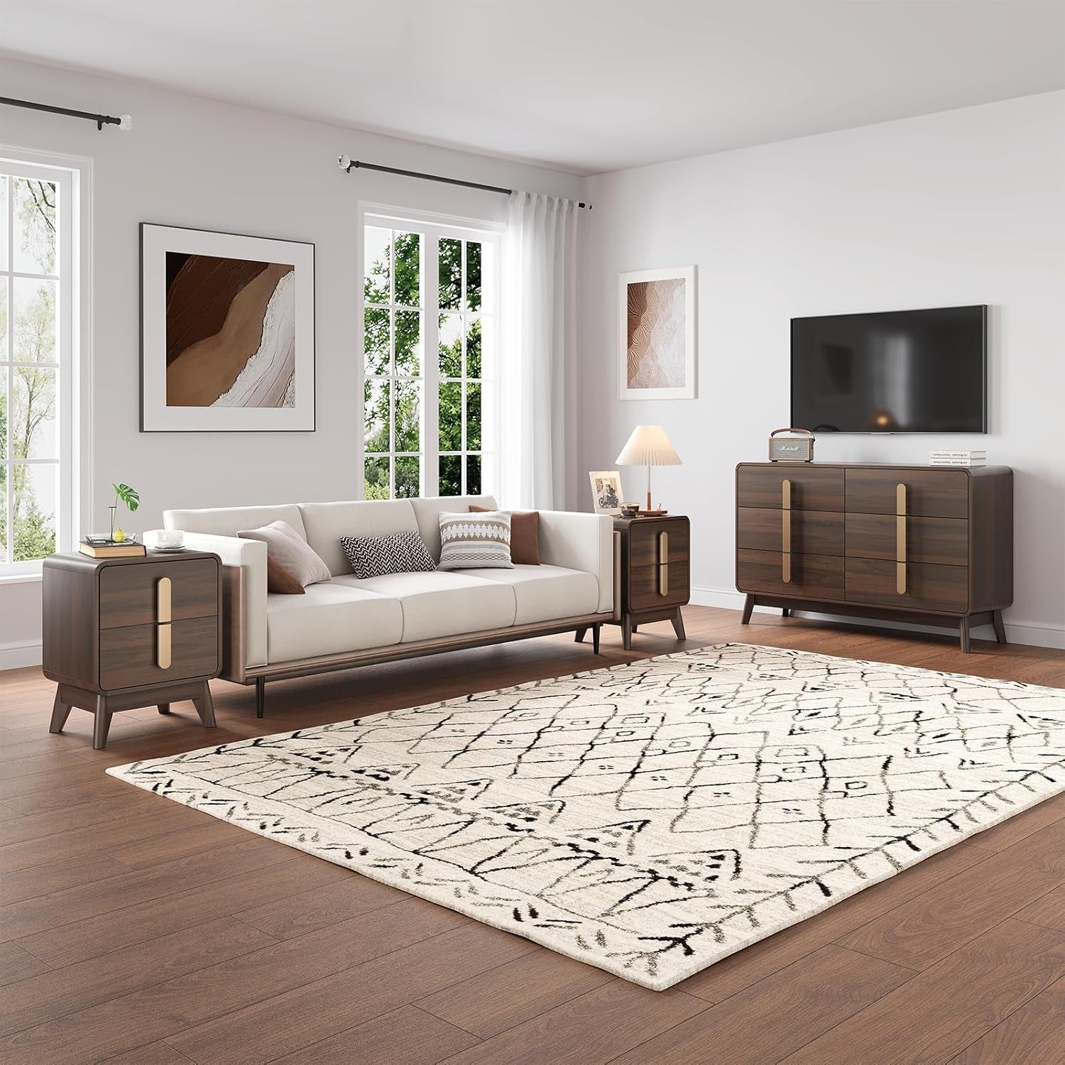 Mid Century Modern Bedroom Set, 6 Drawer Dresser and Nightstand Sets for Bedroom, Night Stand Set 2 & 6 Drawer Dresser with Gold Handles, Wood Chest of Drawers Storage Cabinet Set, Walnut