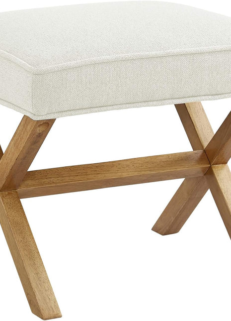 Mid-Century Modern Small Ottoman Foot Rest, Ivory White Polyester Linen, 18"D x 19.8"W x 18.3"H