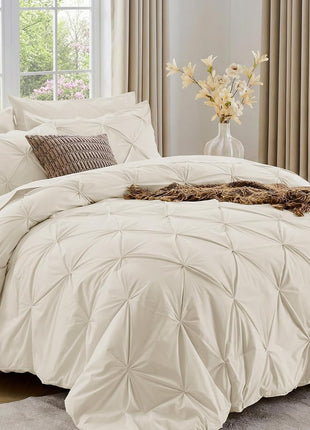 7-Piece Queen Comforter Set, All-Season Pintuck Bedding Ensemble in Beige, Includes Comforter, Flat Sheet, Fitted Sheet, Pillowcases, and Pillow Shams