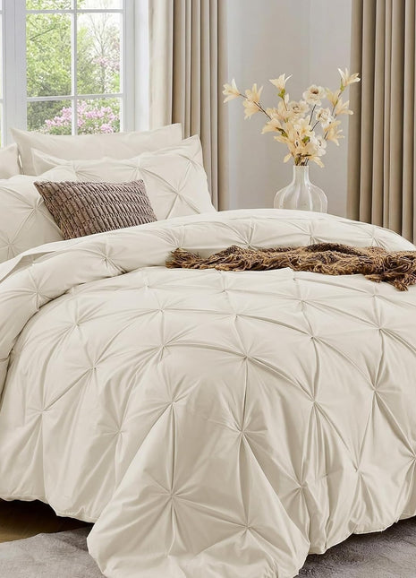 7-Piece Queen Comforter Set, All-Season Pintuck Bedding Ensemble in Beige, Includes Comforter, Flat Sheet, Fitted Sheet, Pillowcases, and Pillow Shams