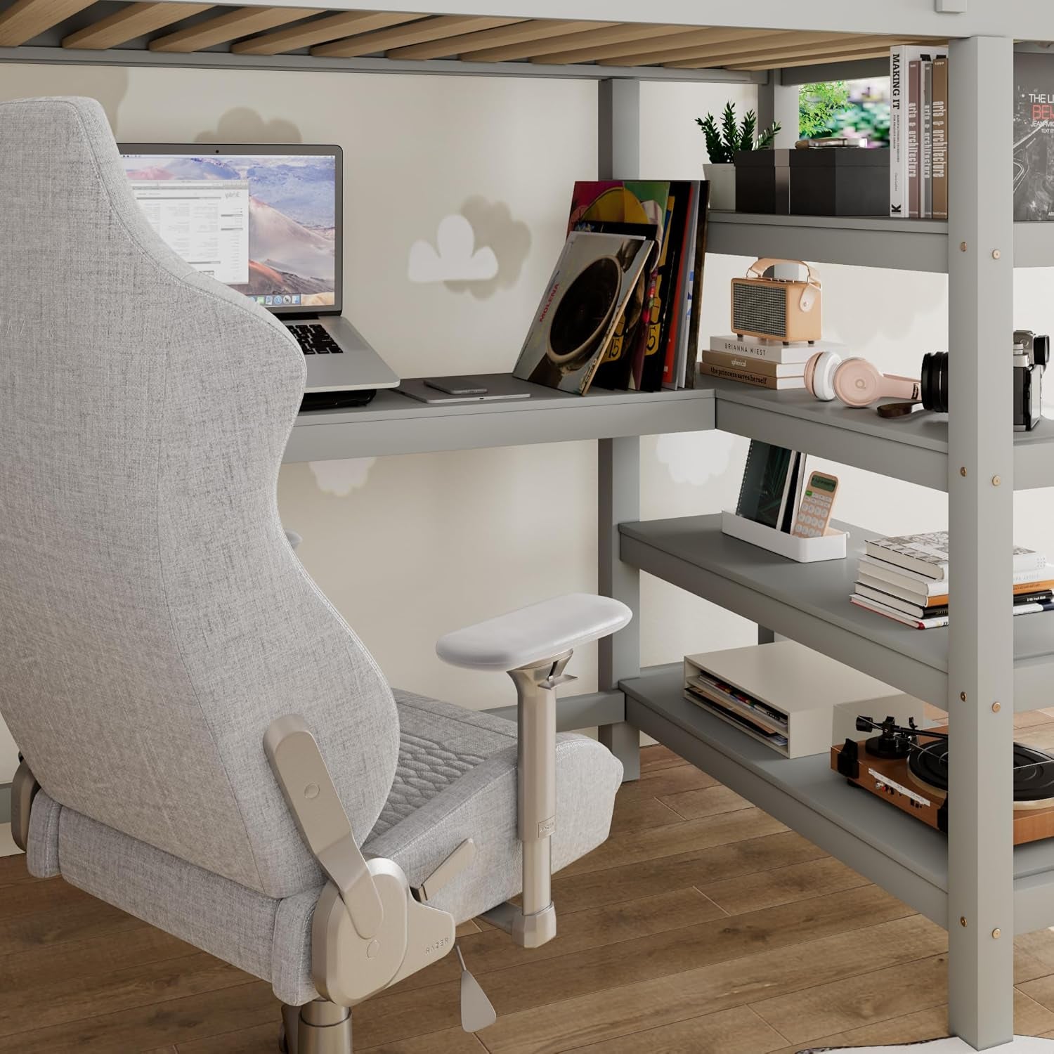 Wood Loft Bed with Desk : Full Size Loft Bed with 4-Storage Shelves and under Bed Desk Solid Wood Bed, Grey
