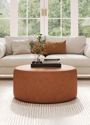 GAVI 30-Inch Round PU Leather Ottoman Footstool, Upholstered Footrest and Modern Side Table for Living Room and Bedroom, Cognac Brown