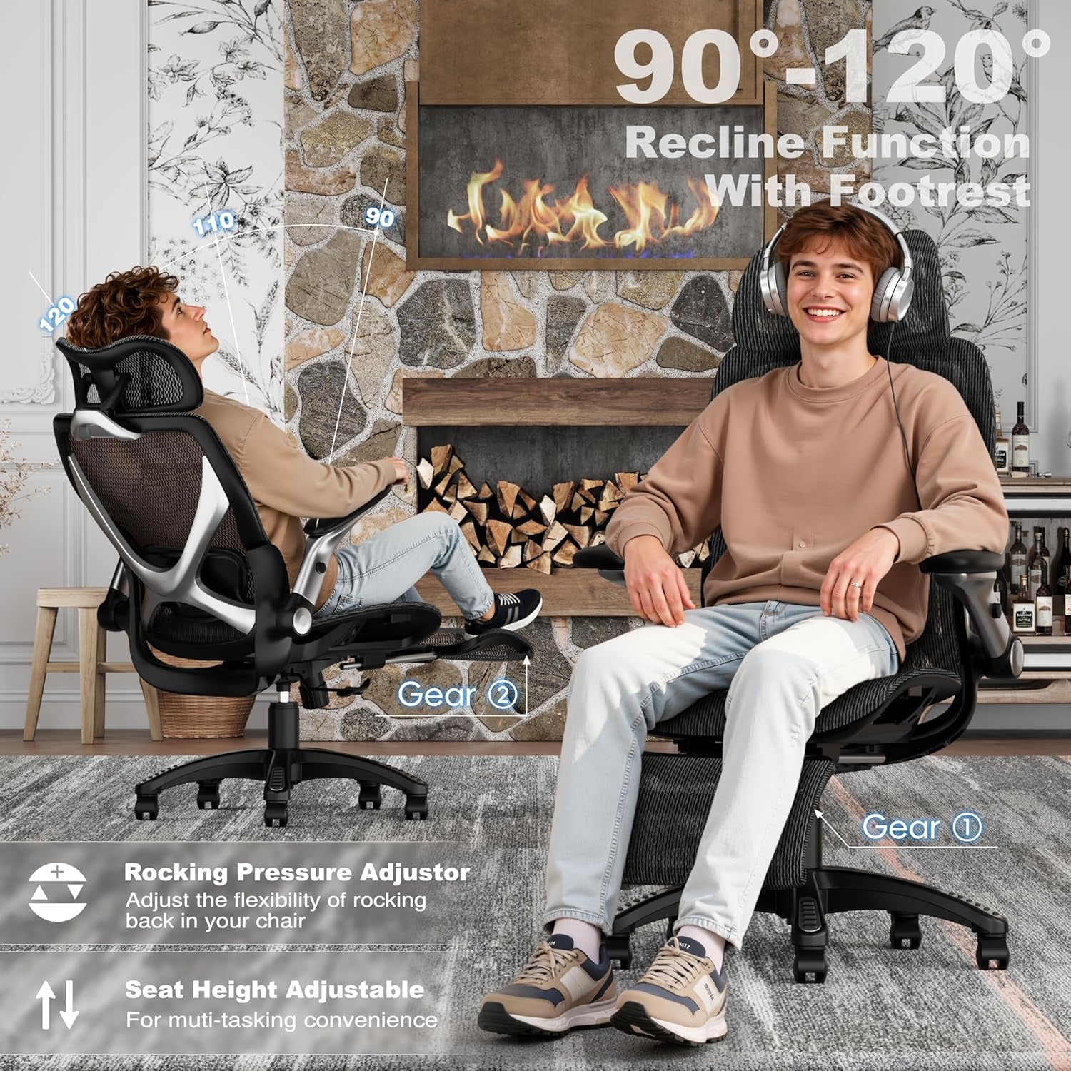 X100 Ergonomic Mesh Office Chair with Footrest, Big and Tall Hone Desk Chair with 5D Flip-Up Arms, Adjustable 3D Lumbar Support,Gaming & Executive Computer Chairs