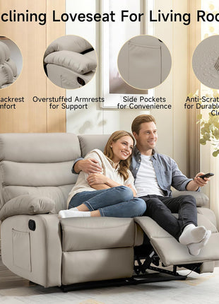 Beige Reclining Loveseat - Anti-Scratch Leather Double Recliner Sofa with Side Pocket for Living Room, RV, and Home Theater