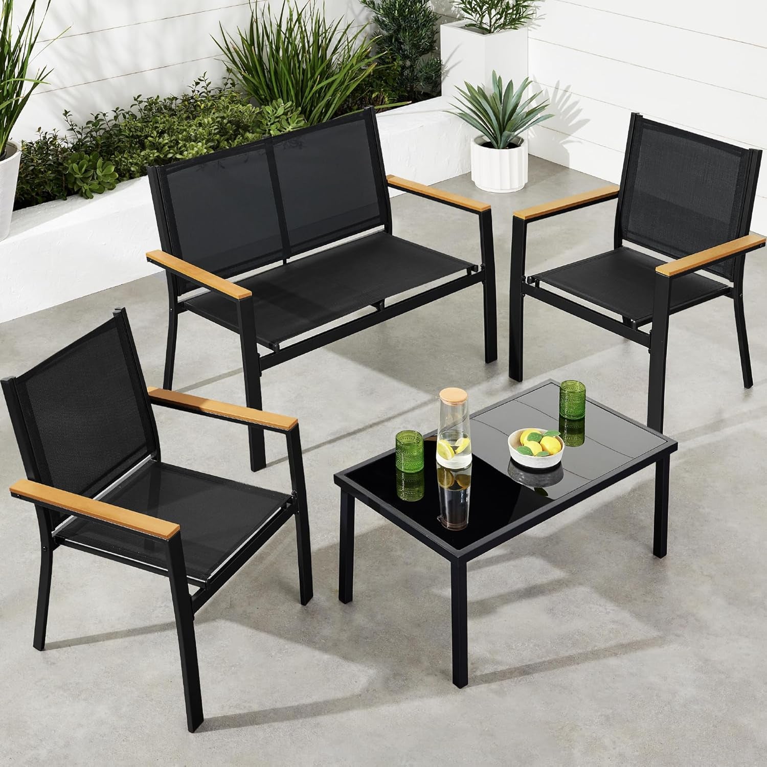 4-Piece Outdoor Textilene Patio Conversation Set, Backyard Furniture W/Loveseat, Coffee Table, Steel Frame - Black/Black