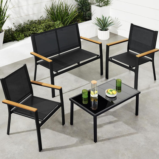 4-Piece Outdoor Textilene Patio Conversation Set, Backyard Furniture W/Loveseat, Coffee Table, Steel Frame - Black/Black
