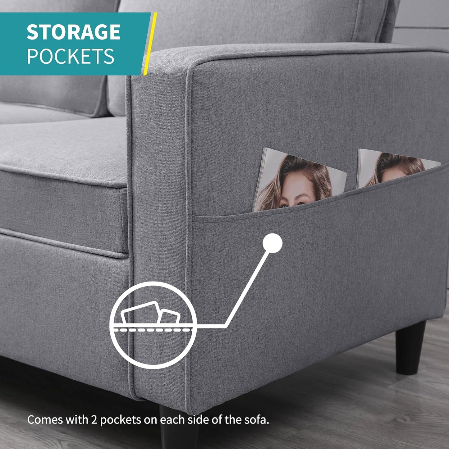 78" 4 Piece Living Room Sofa Set, 3 Seater Sofa with Storage Ottoman and Loveseat and Armchair Furniture Set, Modern Linen L Shaped Sectional Couch for Living Room Apartment (Light Grey)