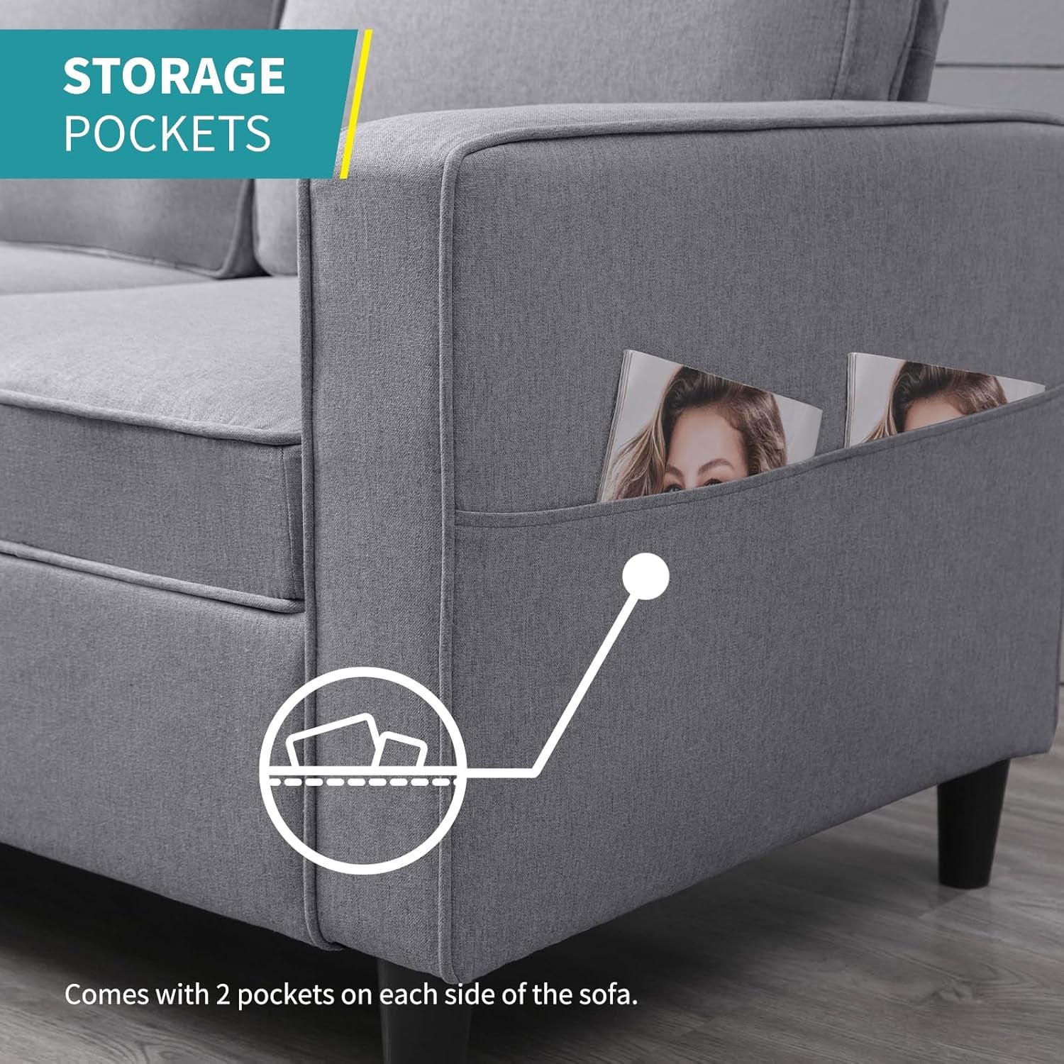 78" 4 Piece Living Room Sofa Set, 3 Seater Sofa with Storage Ottoman and Loveseat and Armchair Furniture Set, Modern Linen L Shaped Sectional Couch for Living Room Apartment (Light Grey)