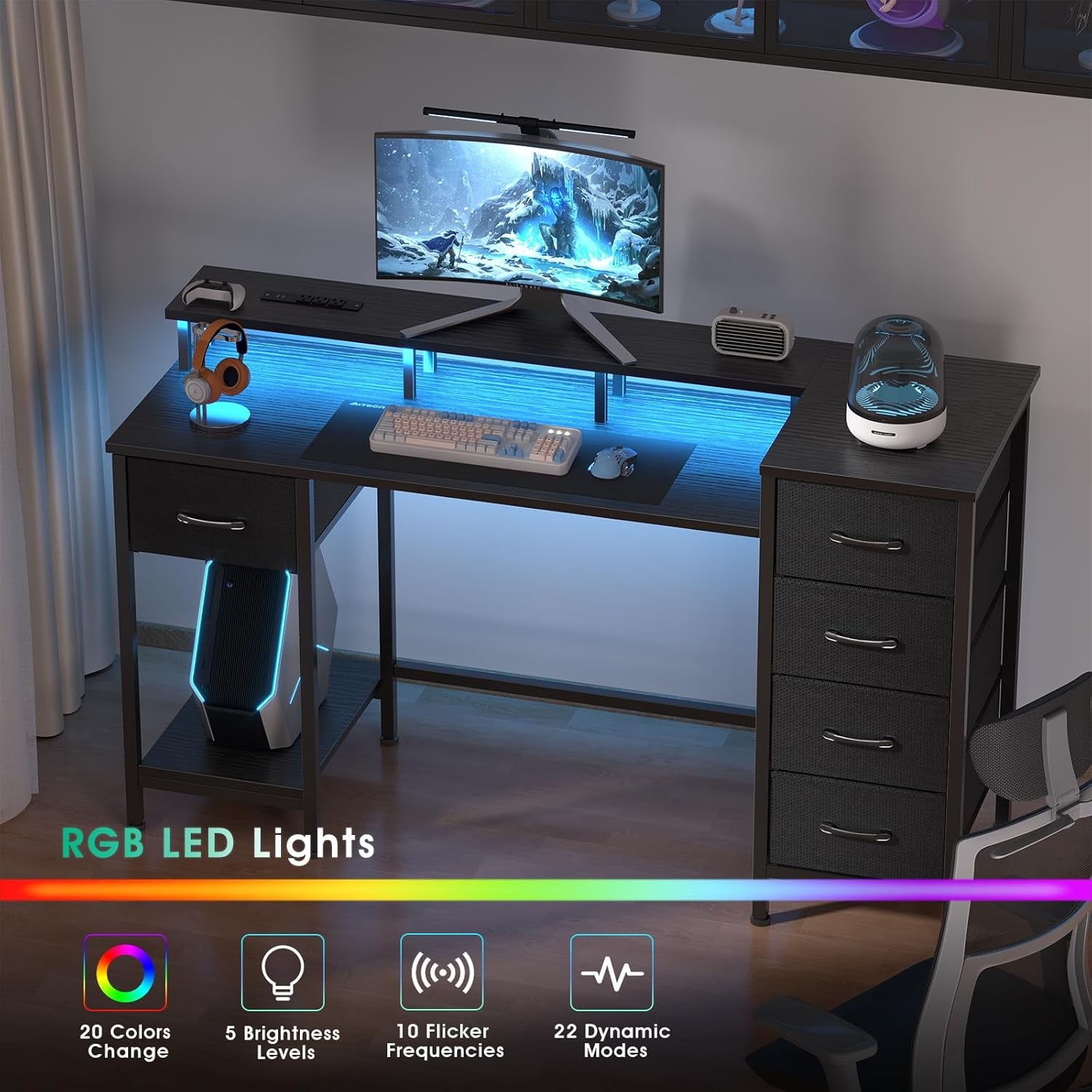 47 Inch Computer Desk with 5 Fabric Storage Drawers,Gaming Desk with Power Outlets & LED Lights,Reversible Home Office Desk with Monitor Stand for Working Writing Study, Black