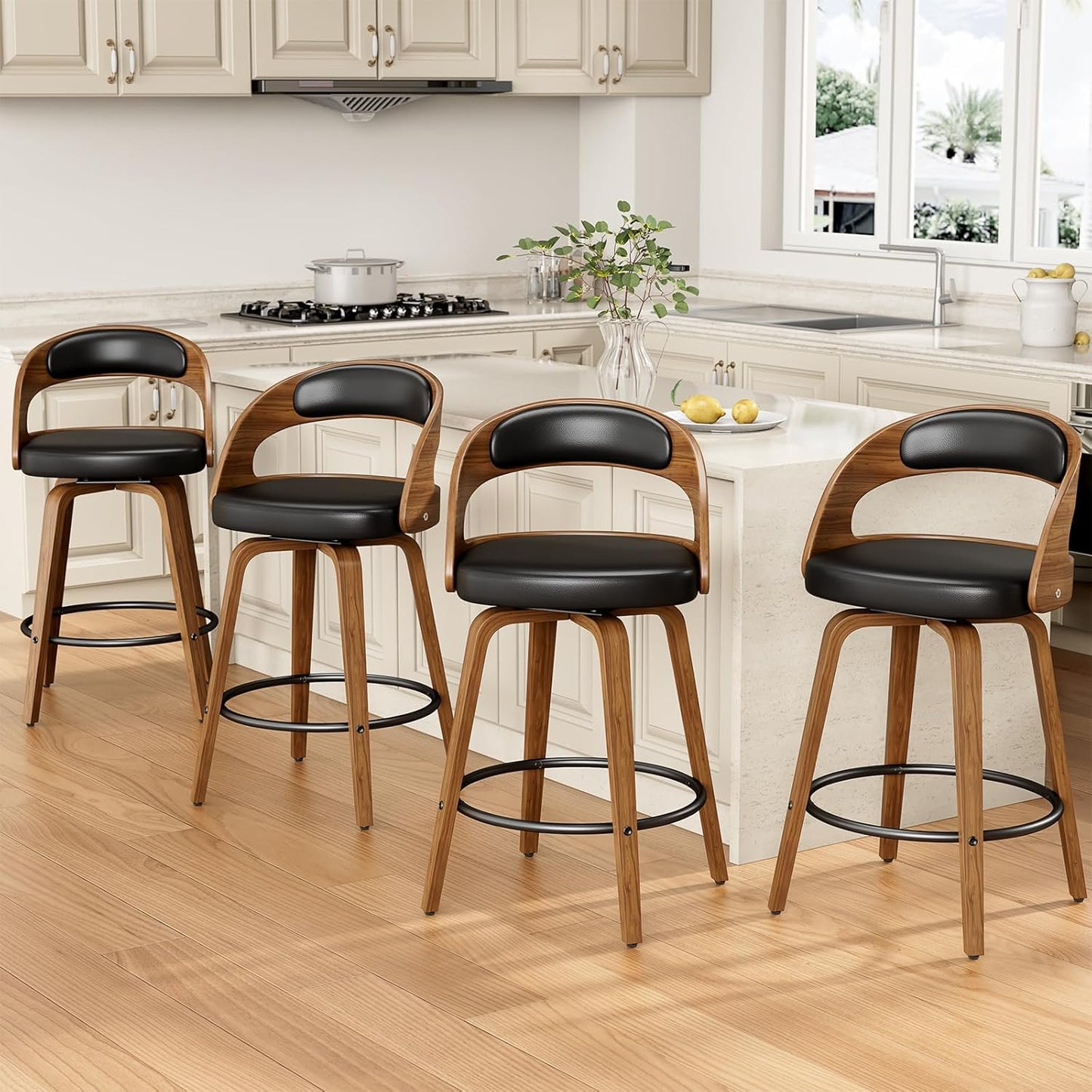 Swivel Bar Stools Set of 3, 26" Counter Height Bentwood Barstool, Mid-Century Modern PU Leather Upholstered Bar Chair with Back and Footrest, for Kitchen Island, Bar, Cafe, Dining Room, Black