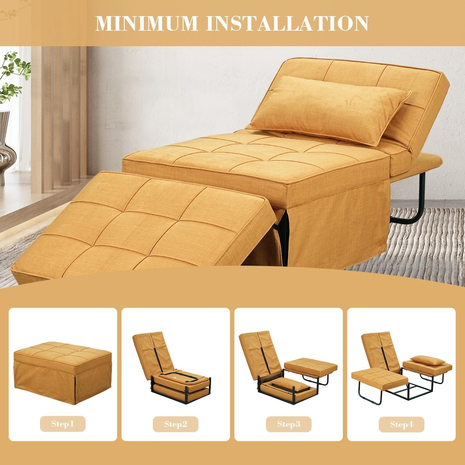 Convertible Sofa Bed, 4 in 1 Multi-Function Folding Ottoman Bed with Adjustable Backrest, Modern Futon Couch No Assembly for Living Room Apartment Office Small Space (Yellow)