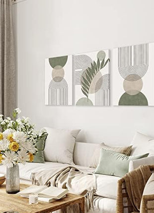 Sage Green Bohemian Wall Art Set of 3 - Minimalist Framed Geometric Line Art with Leaf, Sun, and Moon Designs on Beige and Green Canvas, Abstract Botanical Decor for Home and Office, 12" x 16