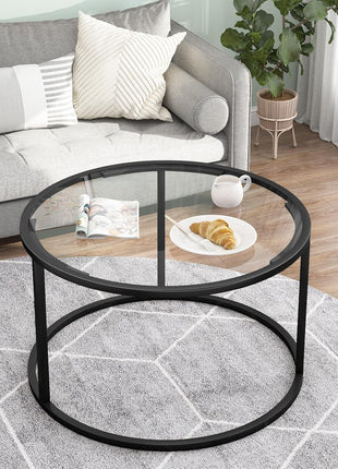 Contemporary 27" Round Black Coffee Table with Glass Top and Durable Metal Frame for Living Room and Home Office, Effortless Assembly
