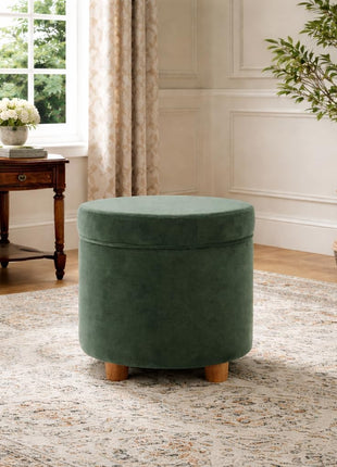 Upholstered Round Storage Ottoman in Loden Green Velvet for Living Room and Bedroom Decor